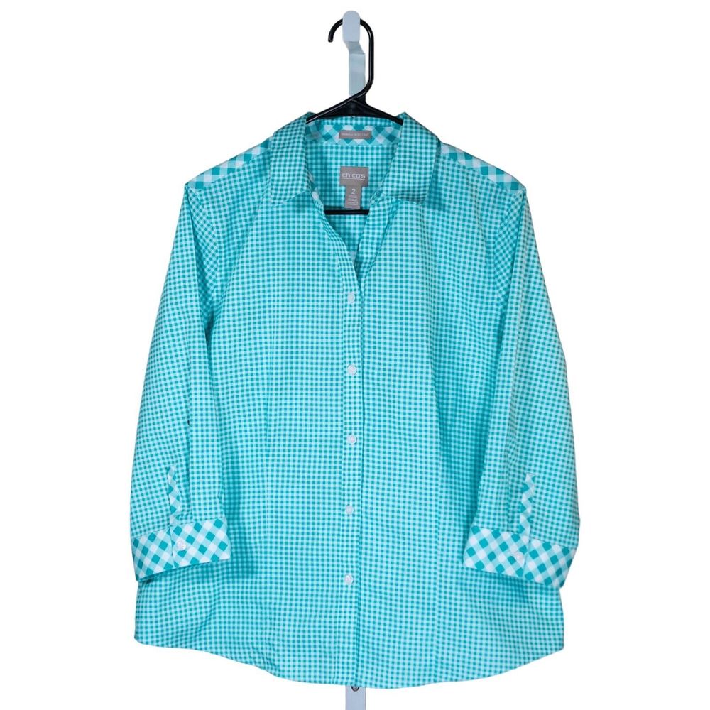 Chico's Women's Blouse Button Up Blue White Check Plaid Long Sleeve Top 2 L/12
